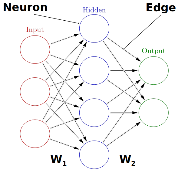 A diagram of a three layer neural network with an input layer, one hidden layer, and an output layer.