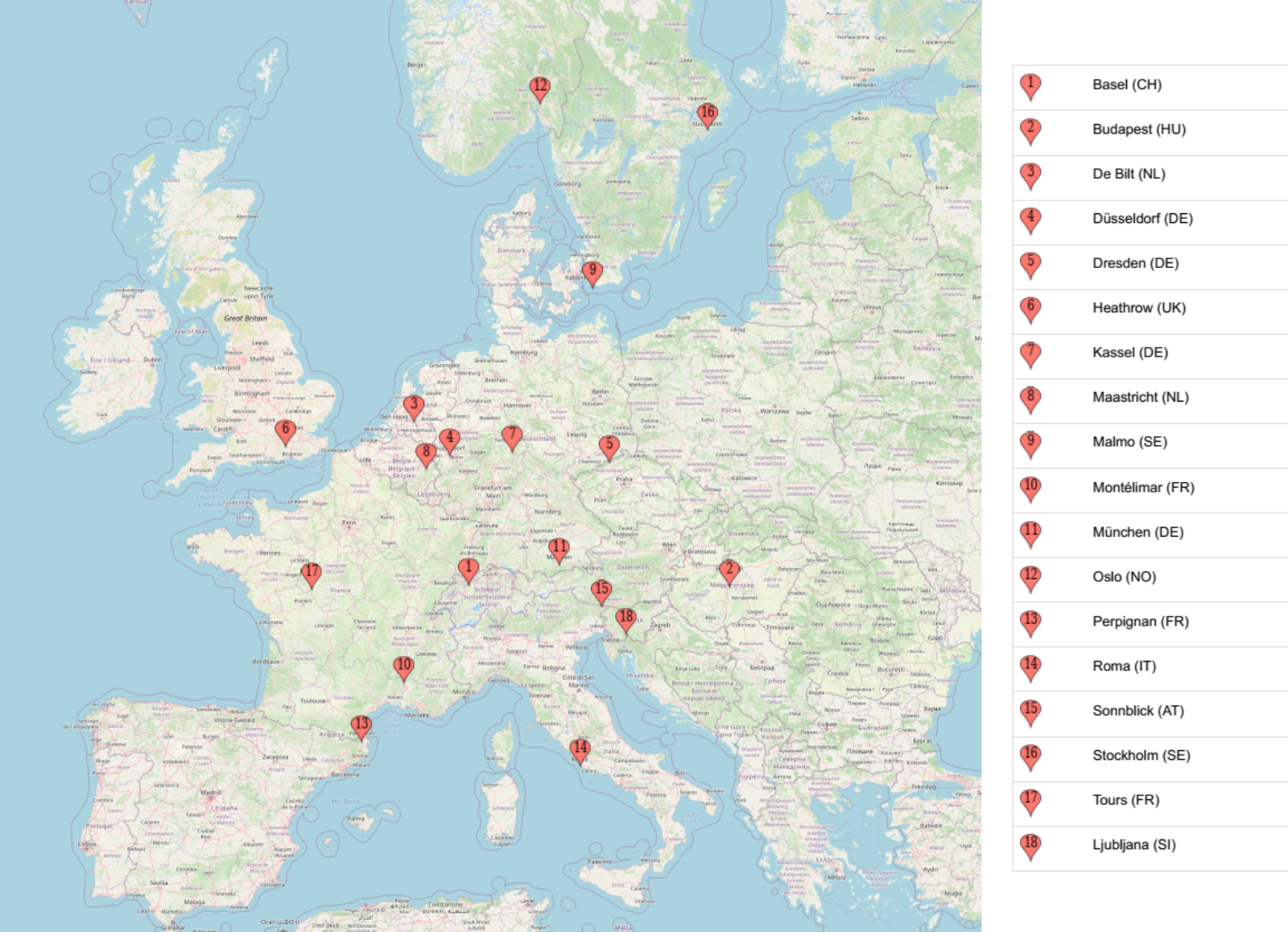 18 European locations in the weather prediction dataset