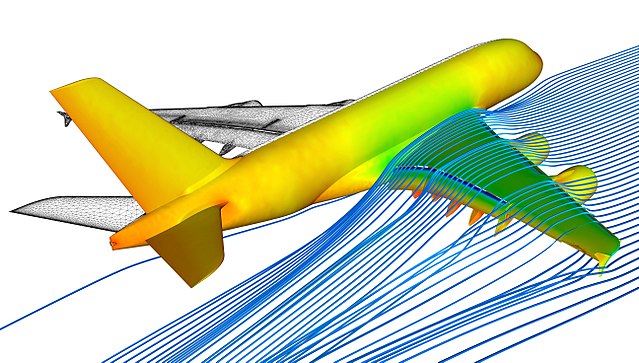 Computational fluid dynamics simulation of airflow over an aeroplane wing.