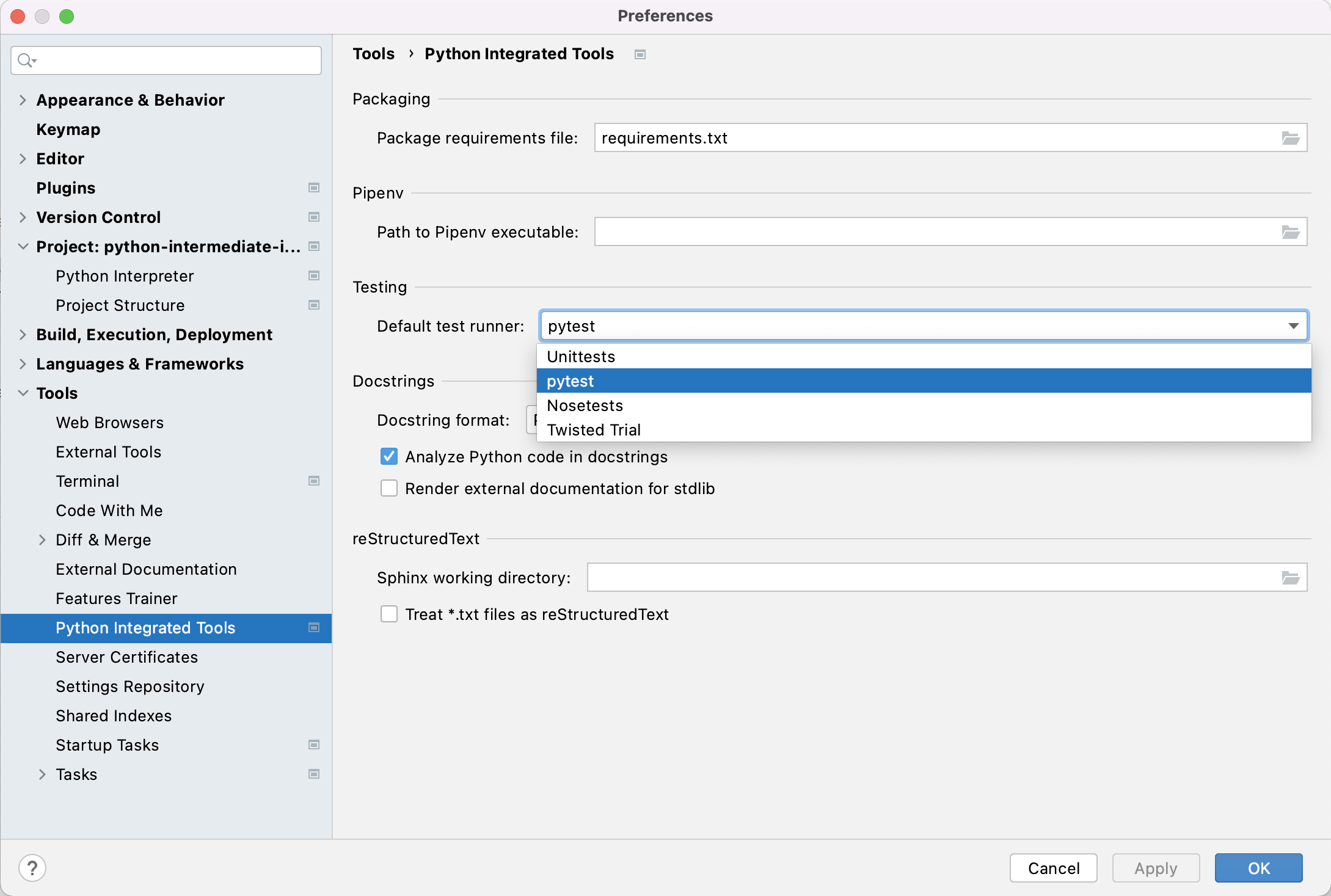 Setting up test framework in PyCharm