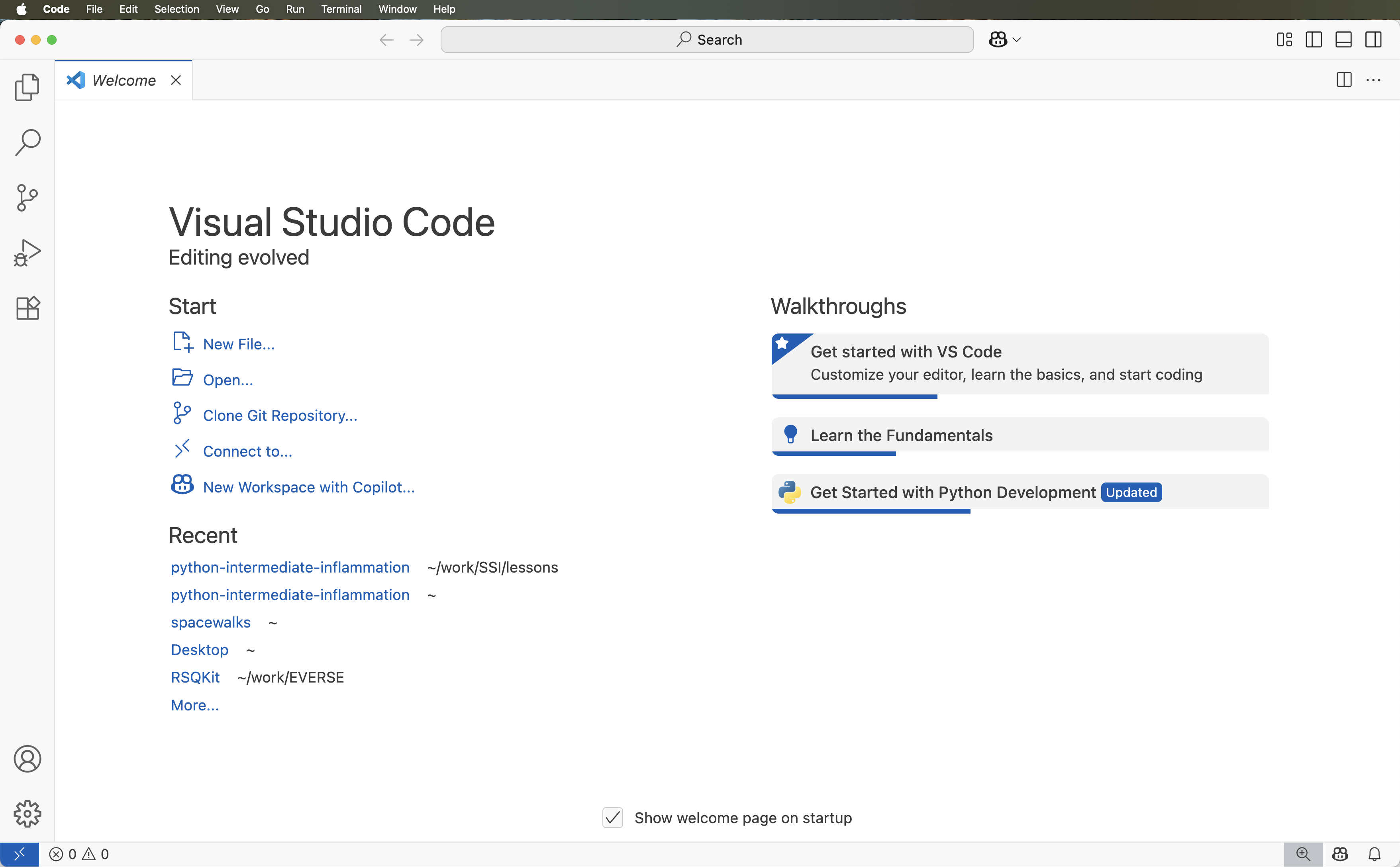 Welcome screen in VS Code